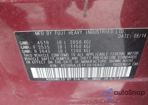 2015 Subaru Legacy 2.5I Limited z USA, uszkodzony, nr VIN 4S3BNAJ61F3016802